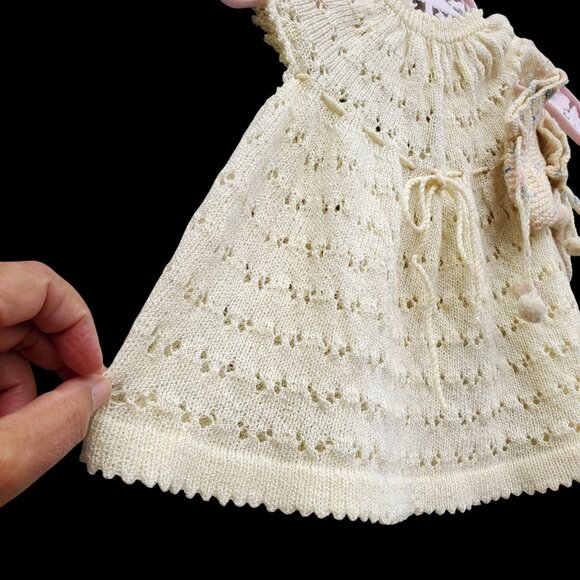 Vintage Hand Knit Baby Dress & Booties Set Off White Crochet Edges Pom Poms - Picture 10 of 10